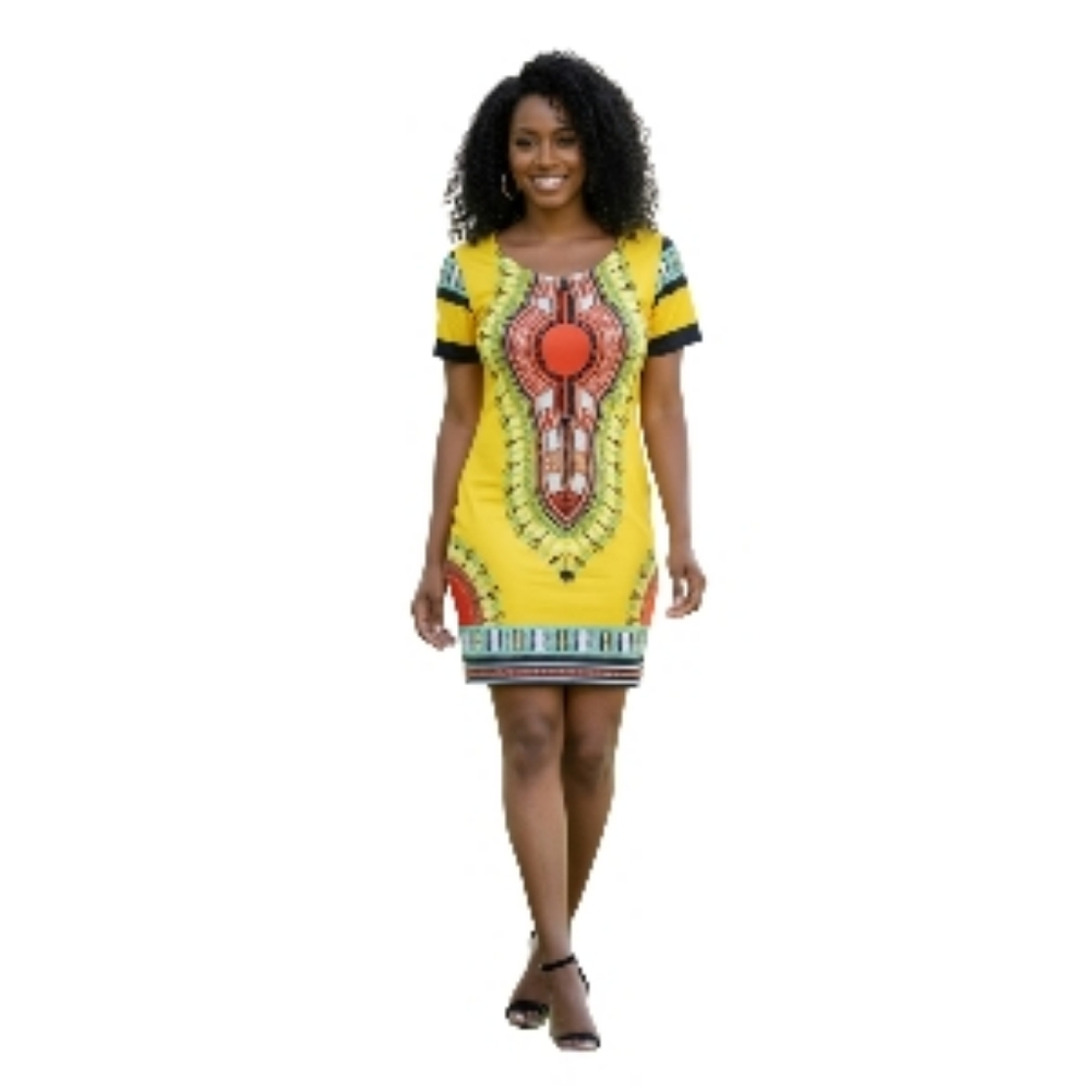 African Print Dashiki Bodycon Mini Dress Short Sleeve Size L Vibrant Tribal Chic